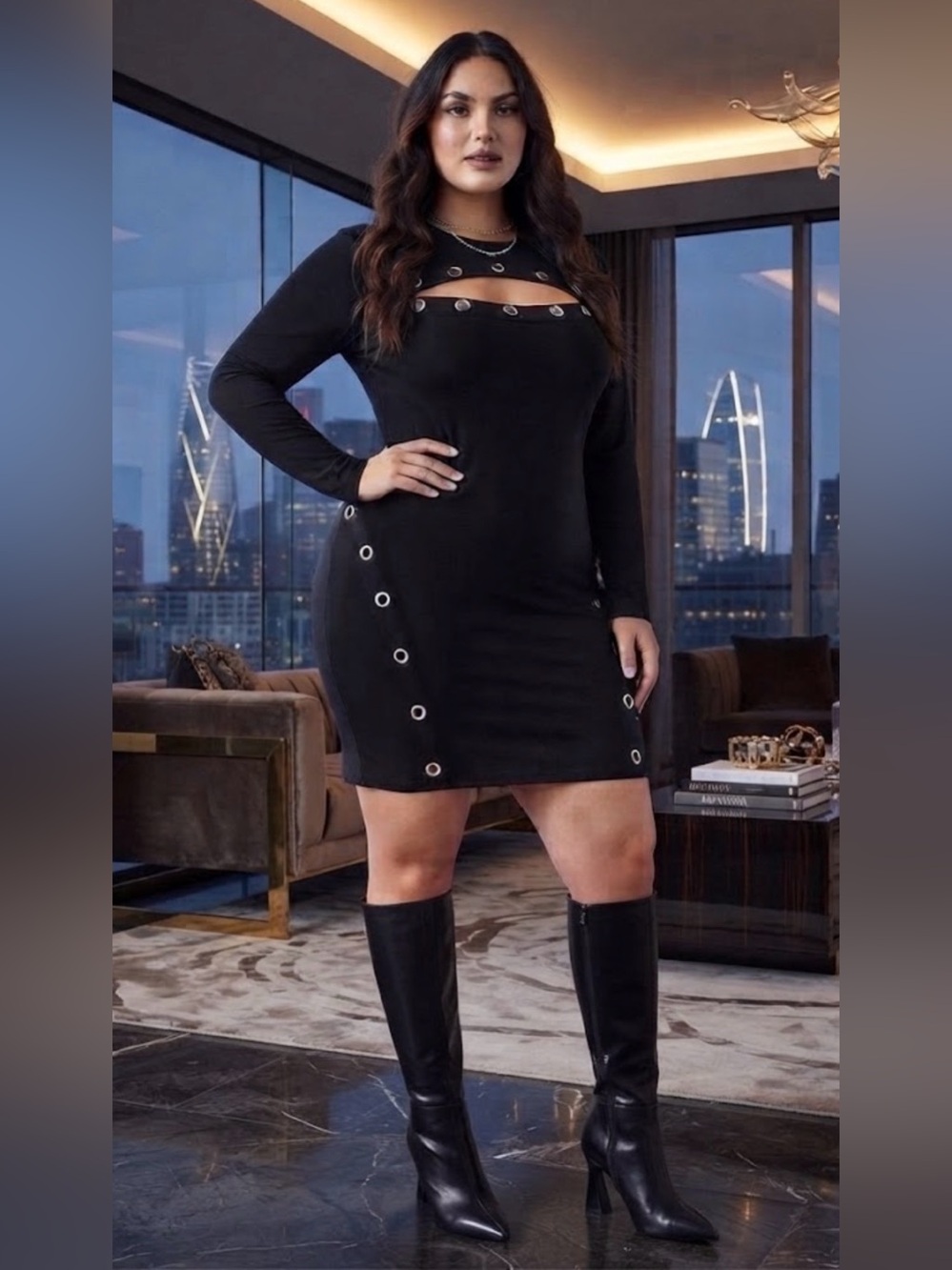 🆕 Amazon - Black Long-Sleeve Eyelet/Grommet Cutout Bodycon Dress